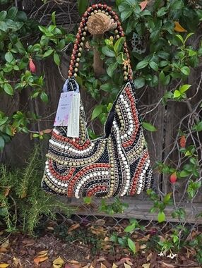 Rare Beaded Shoulder Bag in Black, Cream & Coral Accents